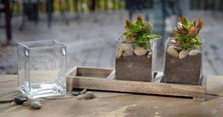 Three Glass Display Vessels on a Wooden Base - view 1